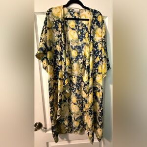 LuLaRoe Navy Floral Draped Kimono with Yellow Blooms